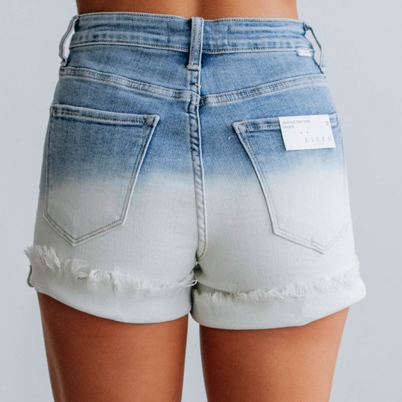 Risen High Rise Two Tone White Long Cut Off Denim Shorts - Picture 2 of 9